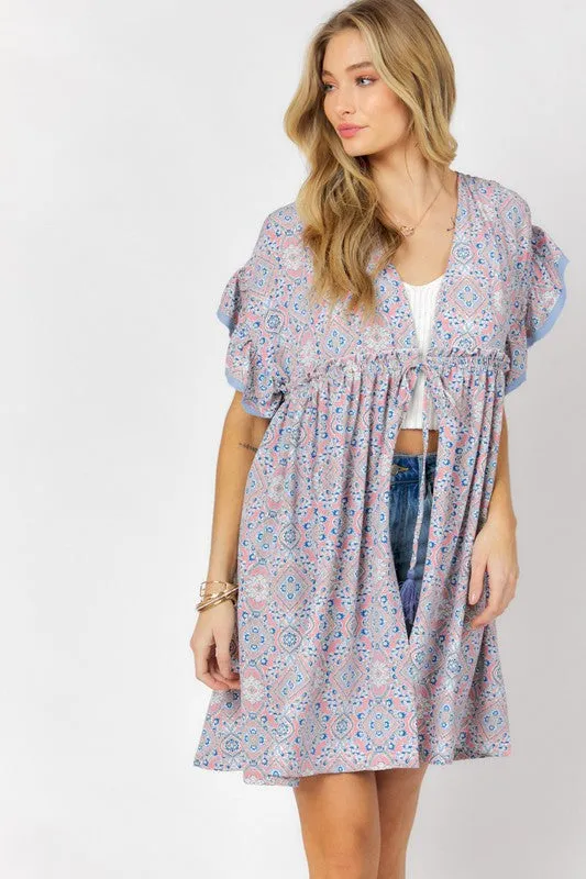 Davi & Dani Printed Short Sleeve Ruffle Kimono