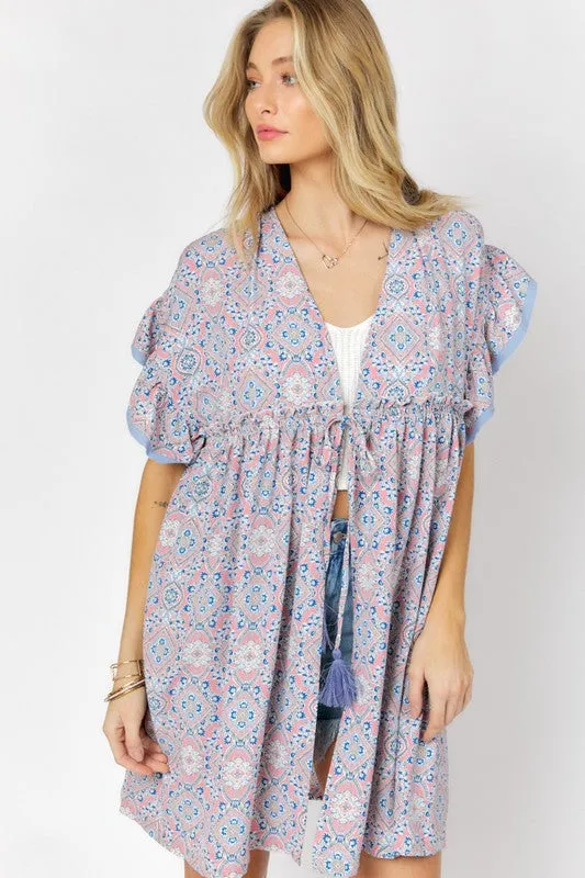 Davi & Dani Printed Short Sleeve Ruffle Kimono