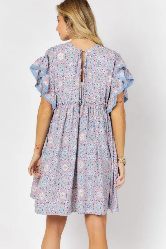 Davi & Dani Printed Short Sleeve Ruffle Kimono