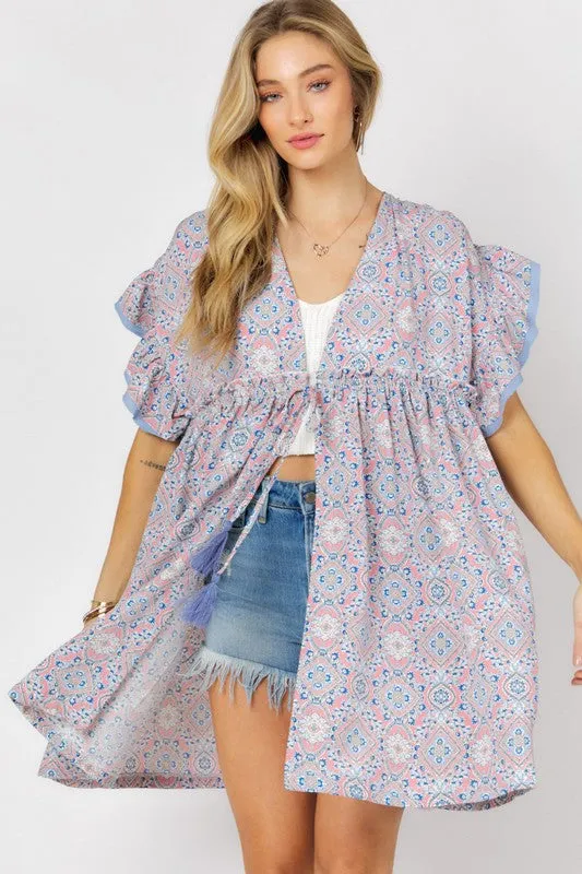 Davi & Dani Printed Short Sleeve Ruffle Kimono