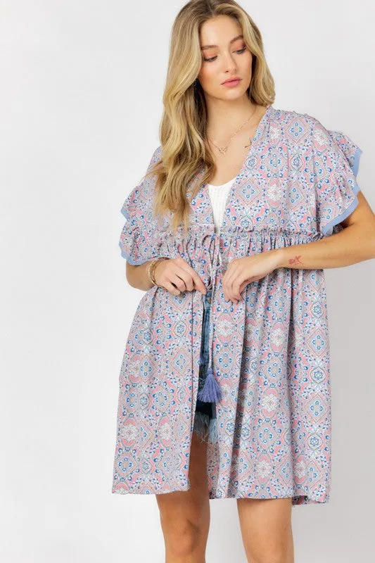 Davi & Dani Printed Short Sleeve Ruffle Kimono