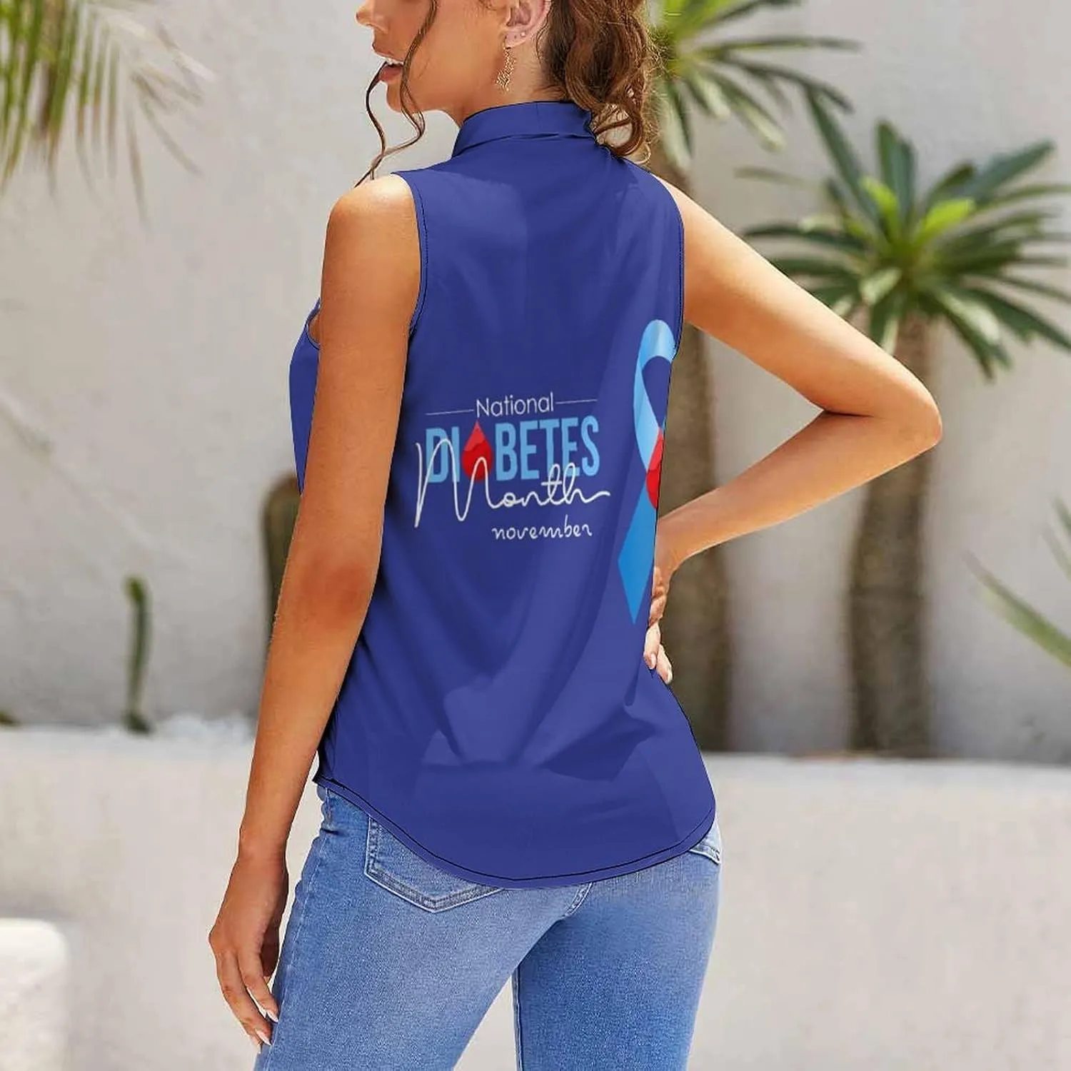 Diabetes Awareness Month Blue Ribbon Women's Shirt Bow Tie Knot Mock Neck Sleeveless Tank Top