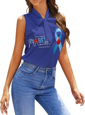 Diabetes Awareness Month Blue Ribbon Women's Shirt Bow Tie Knot Mock Neck Sleeveless Tank Top