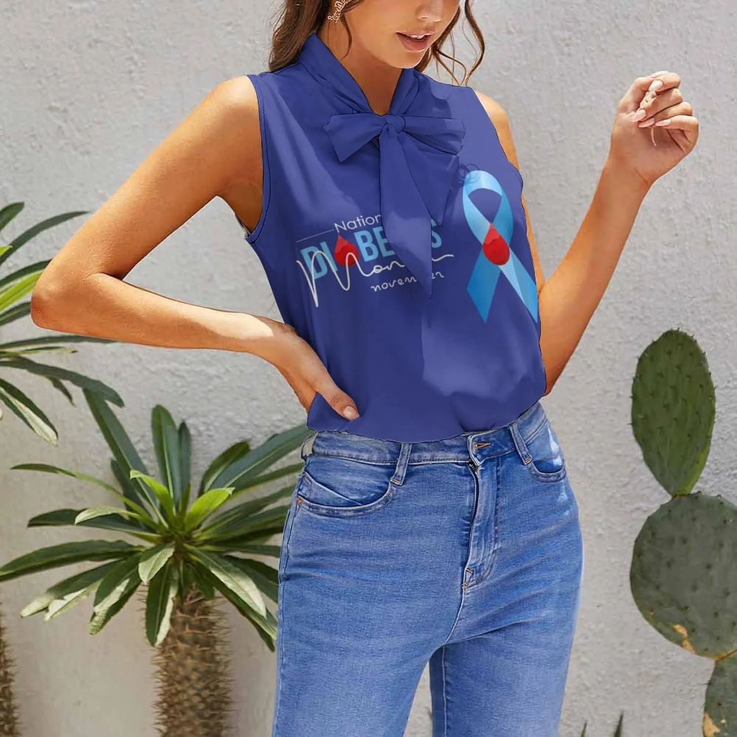 Diabetes Awareness Month Blue Ribbon Women's Shirt Bow Tie Knot Mock Neck Sleeveless Tank Top