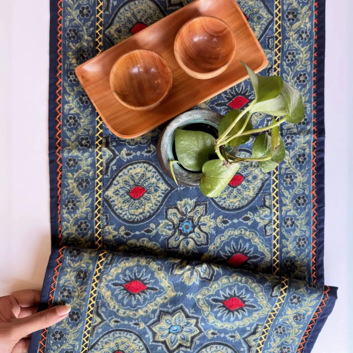 Dining Table Runner in Cotton with Block Print Blue | Eco Friendly Tableware Sustainably Crafted from Pure Cotton | Handmade In India