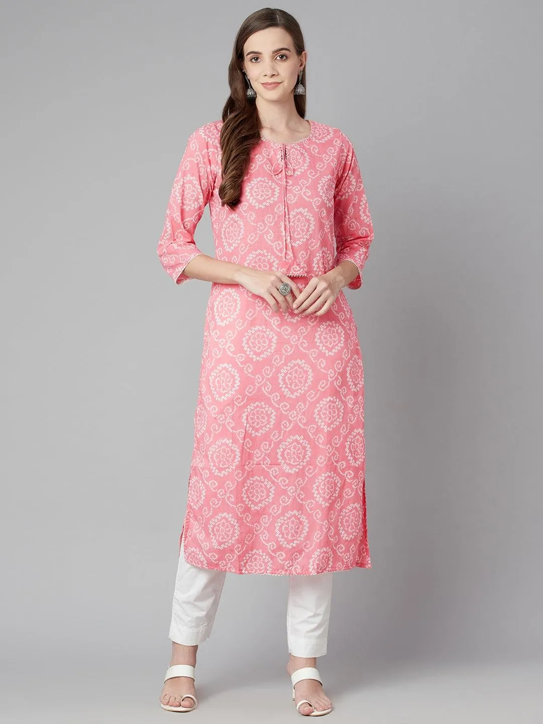 Divena Baby Pink Bandhej Straight Kurta
