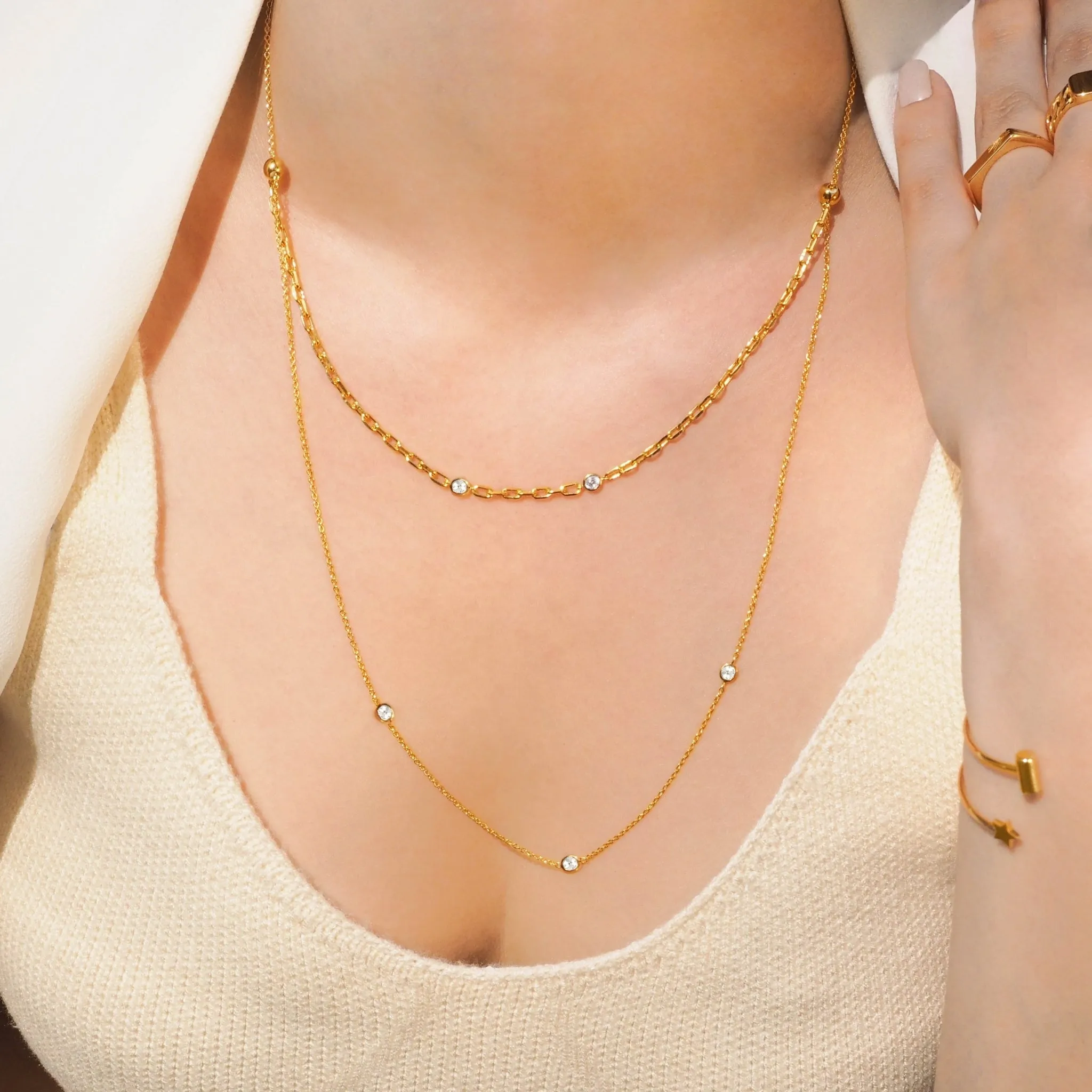 Double Bezel Crystal With Chain Multilayer Necklace