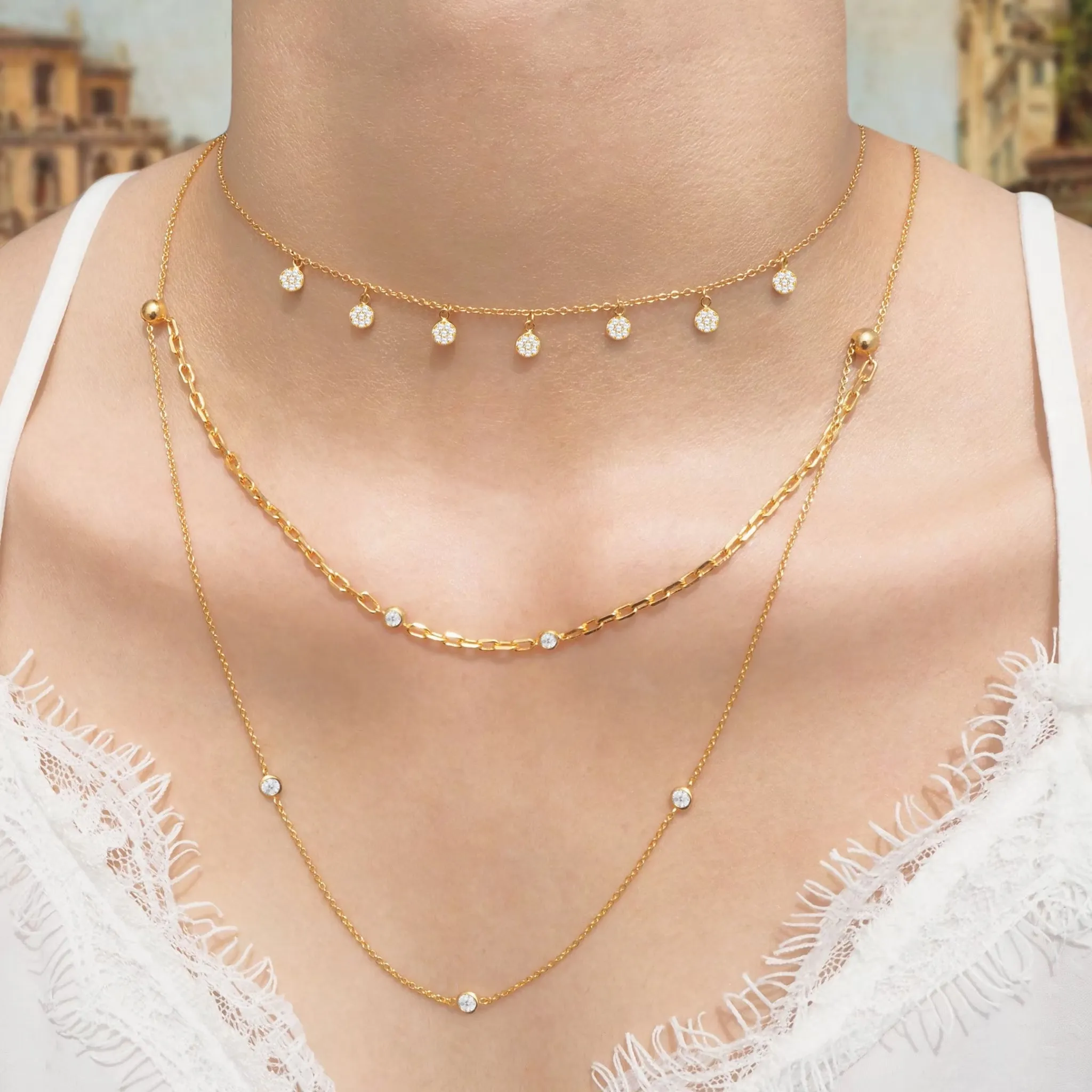 Double Bezel Crystal With Chain Multilayer Necklace