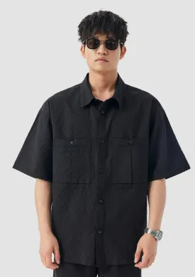 Dual-Pocketed Textured Short-Sleeve Button-Up Shirt