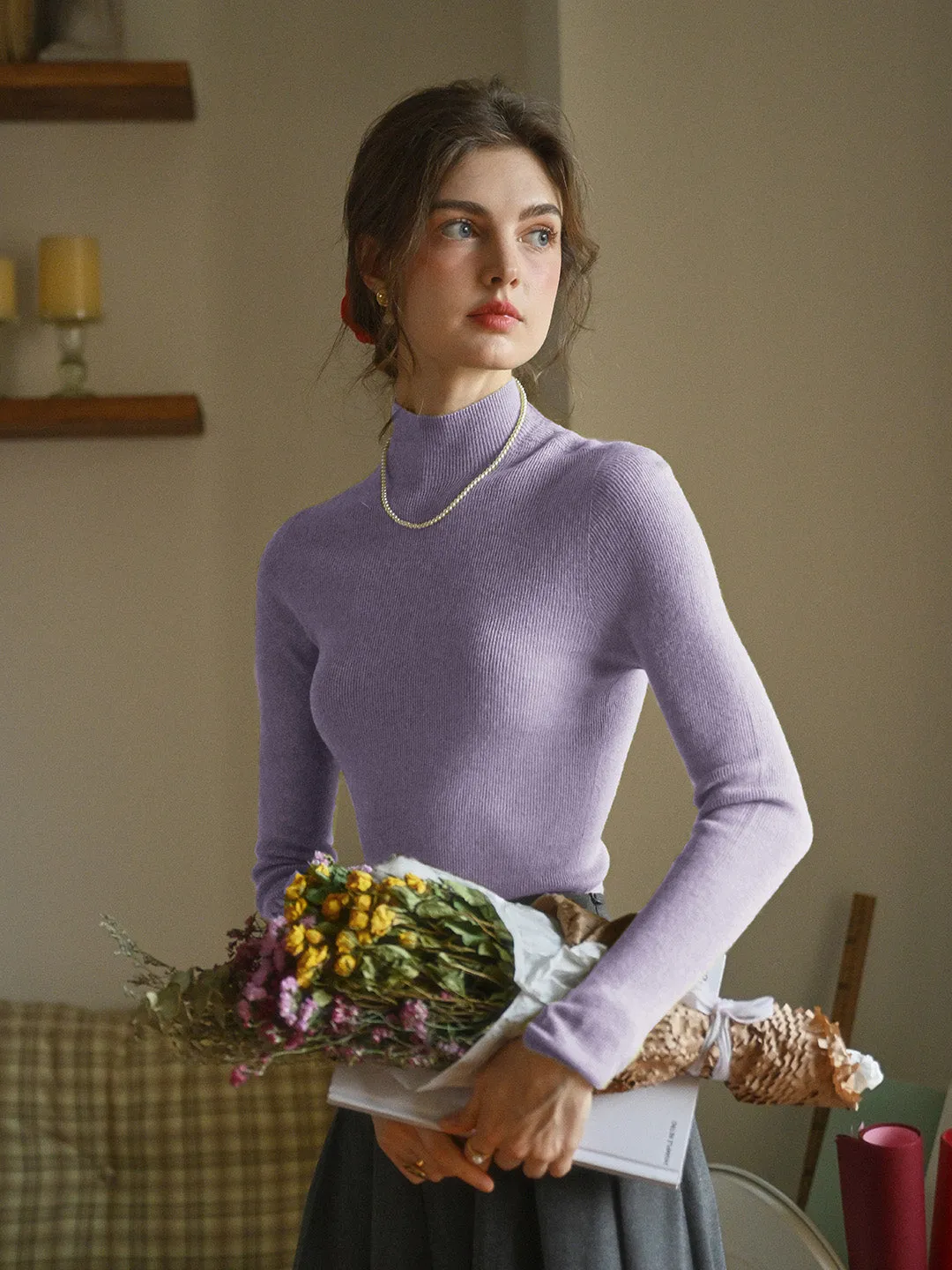 Erin 100% Wool Simple Mock Neck Slim Fit Sweater - Green