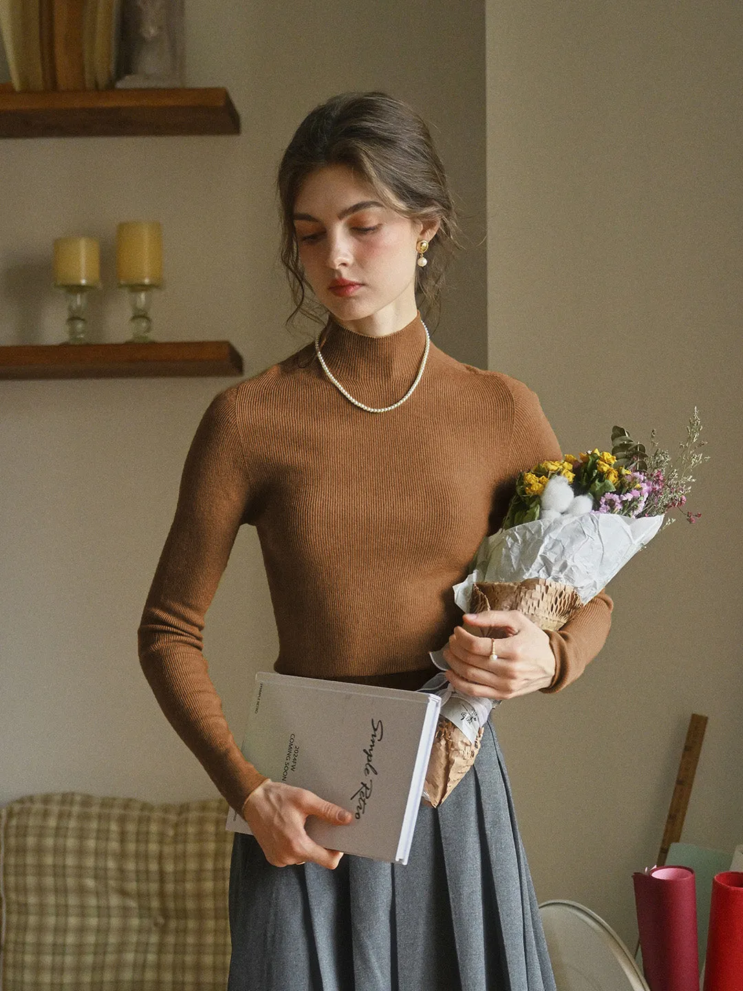 Erin 100% Wool Simple Mock Neck Slim Fit Sweater - Green