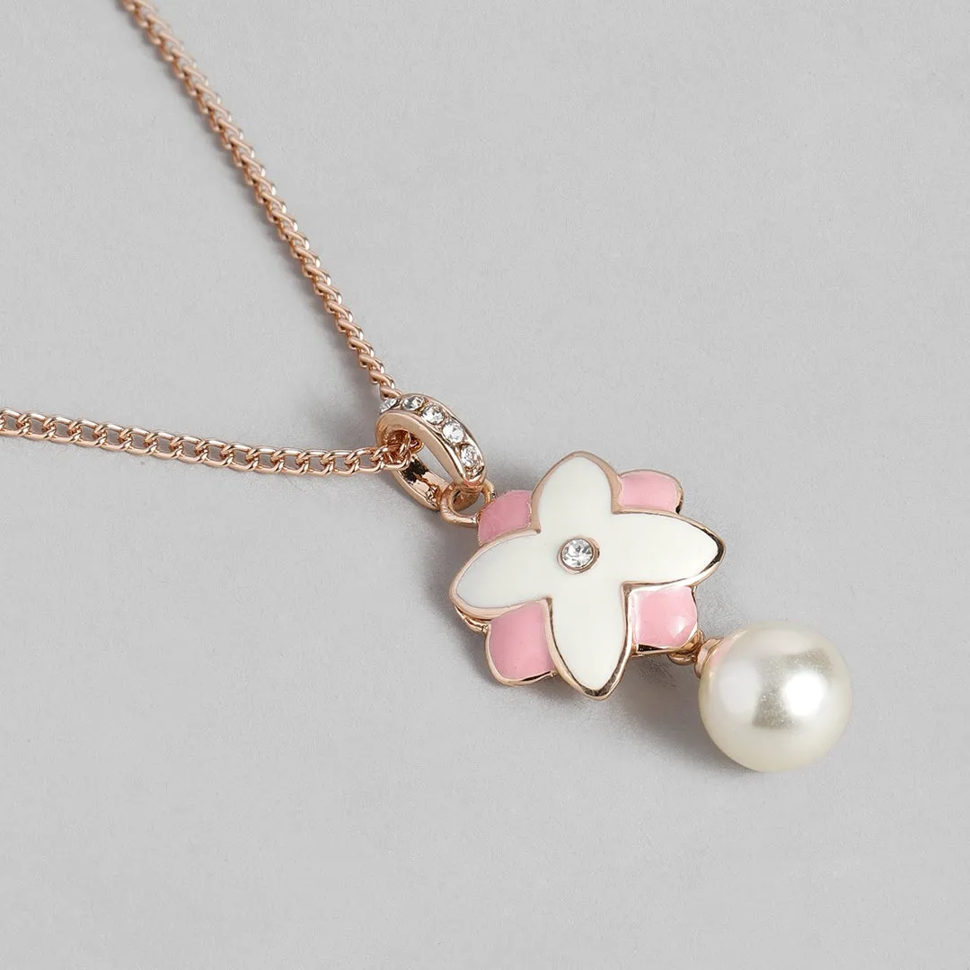 Estele Charming Rosegold Plated Floral Shaped Pearl Drop Pendant Set for Women / Girls