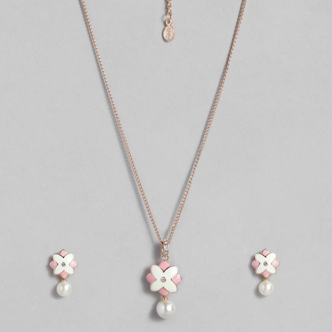 Estele Charming Rosegold Plated Floral Shaped Pearl Drop Pendant Set for Women / Girls