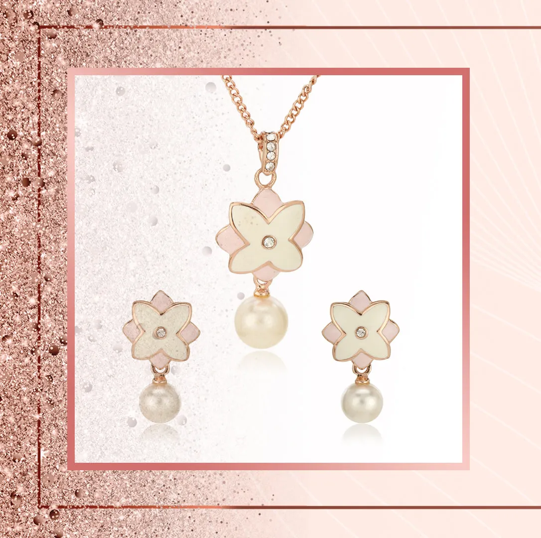 Estele Charming Rosegold Plated Floral Shaped Pearl Drop Pendant Set for Women / Girls