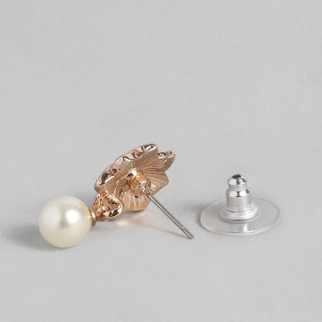 Estele Charming Rosegold Plated Floral Shaped Pearl Drop Pendant Set for Women / Girls