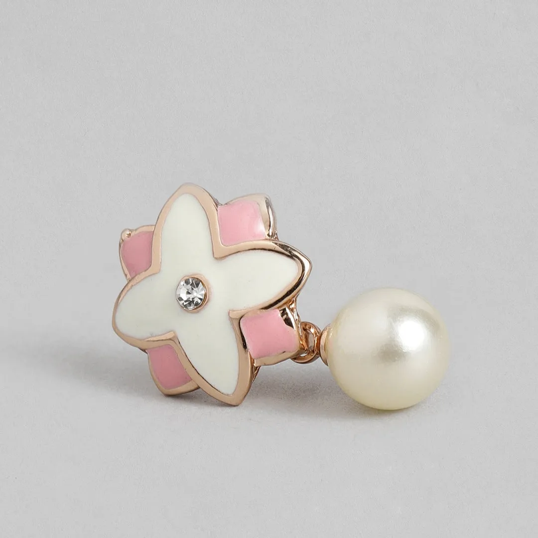 Estele Charming Rosegold Plated Floral Shaped Pearl Drop Pendant Set for Women / Girls