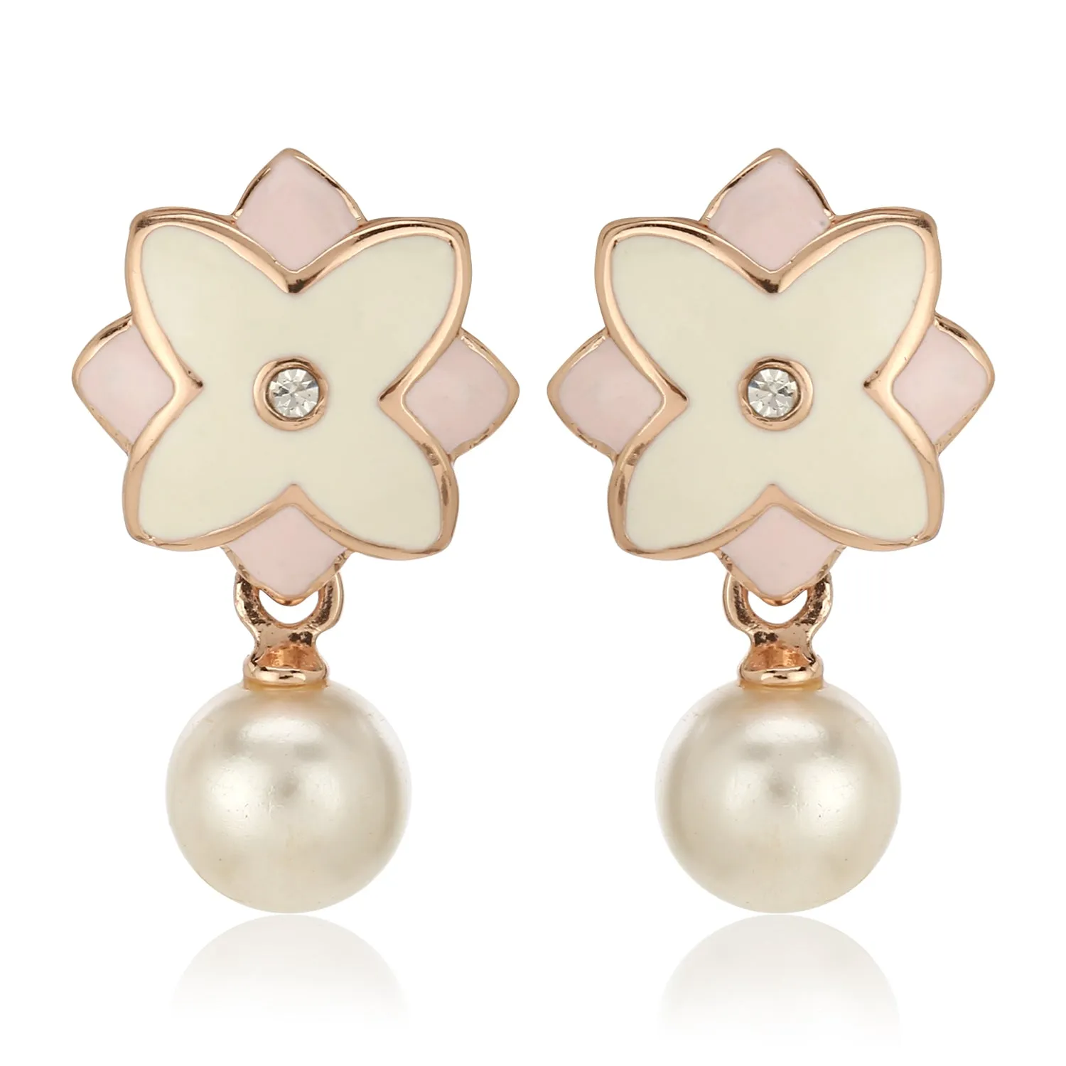 Estele Charming Rosegold Plated Floral Shaped Pearl Drop Pendant Set for Women / Girls
