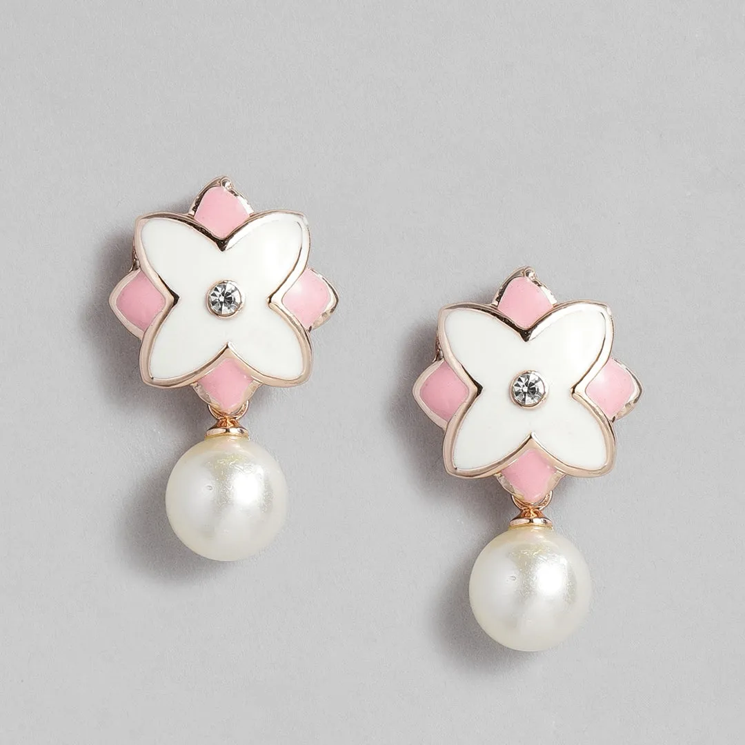 Estele Charming Rosegold Plated Floral Shaped Pearl Drop Pendant Set for Women / Girls