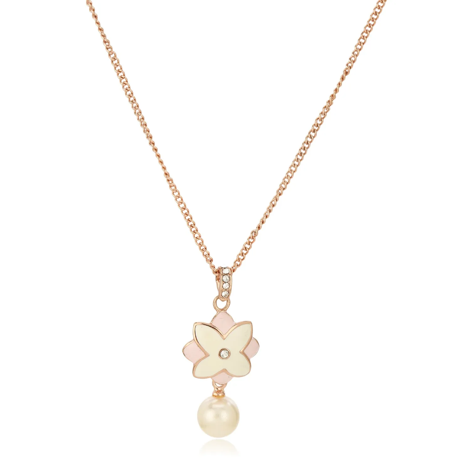 Estele Charming Rosegold Plated Floral Shaped Pearl Drop Pendant Set for Women / Girls