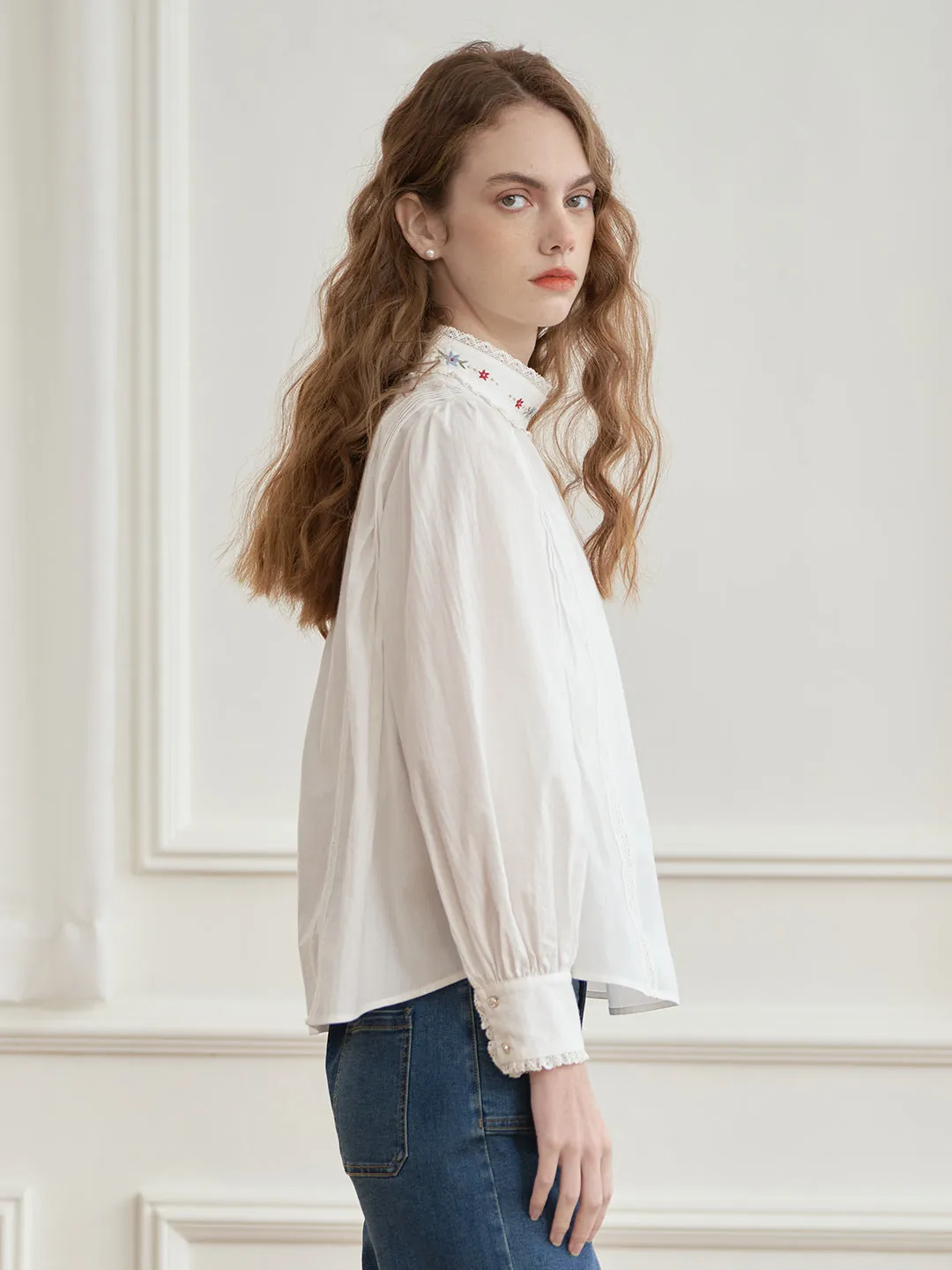 【Final Sale】Aylin Mock Neck Embroidered White Shirt