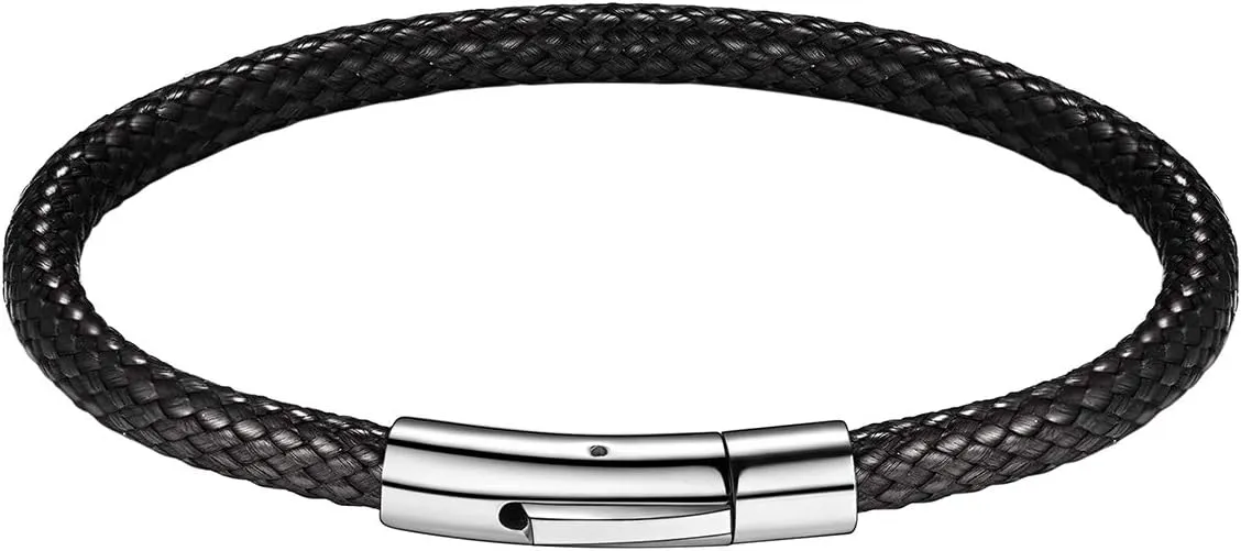 FOCALOOK Braided Leather Bracelets for Men, Black/Brown Stainless Steel Engraved Inspirational Bangle Cuff Bracelet with Clasp, Valentines Day Gifts for Him Husband Friends