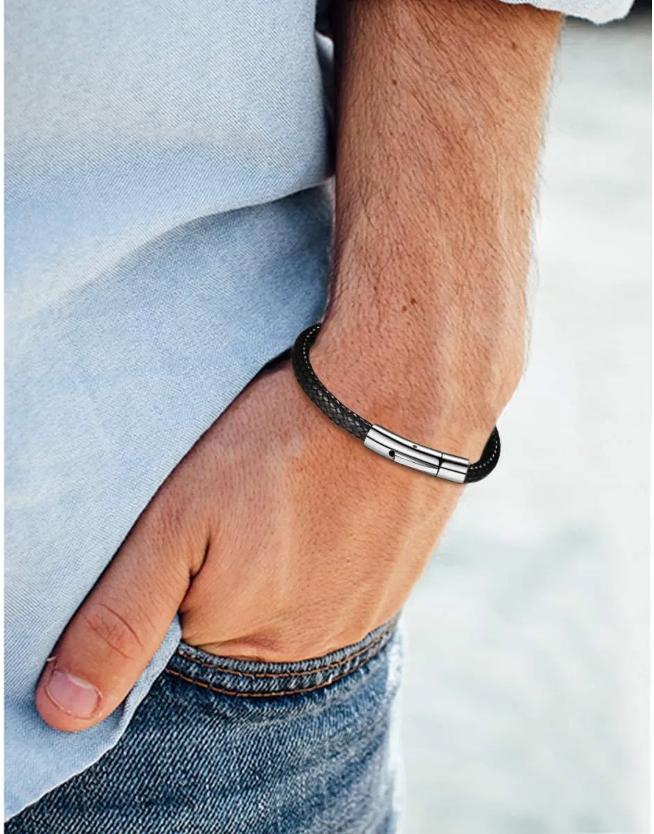 FOCALOOK Braided Leather Bracelets for Men, Black/Brown Stainless Steel Engraved Inspirational Bangle Cuff Bracelet with Clasp, Valentines Day Gifts for Him Husband Friends