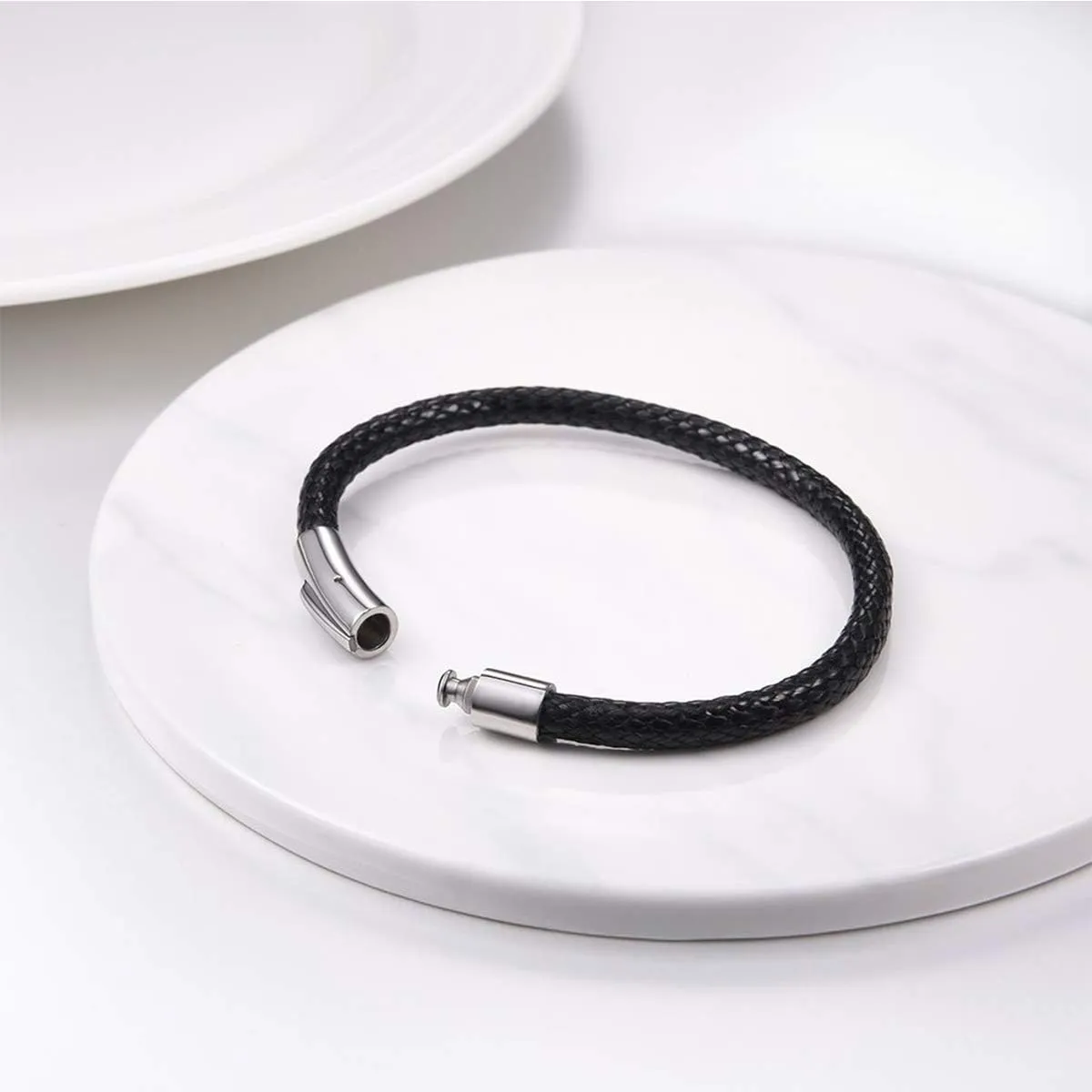 FOCALOOK Braided Leather Bracelets for Men, Black/Brown Stainless Steel Engraved Inspirational Bangle Cuff Bracelet with Clasp, Valentines Day Gifts for Him Husband Friends