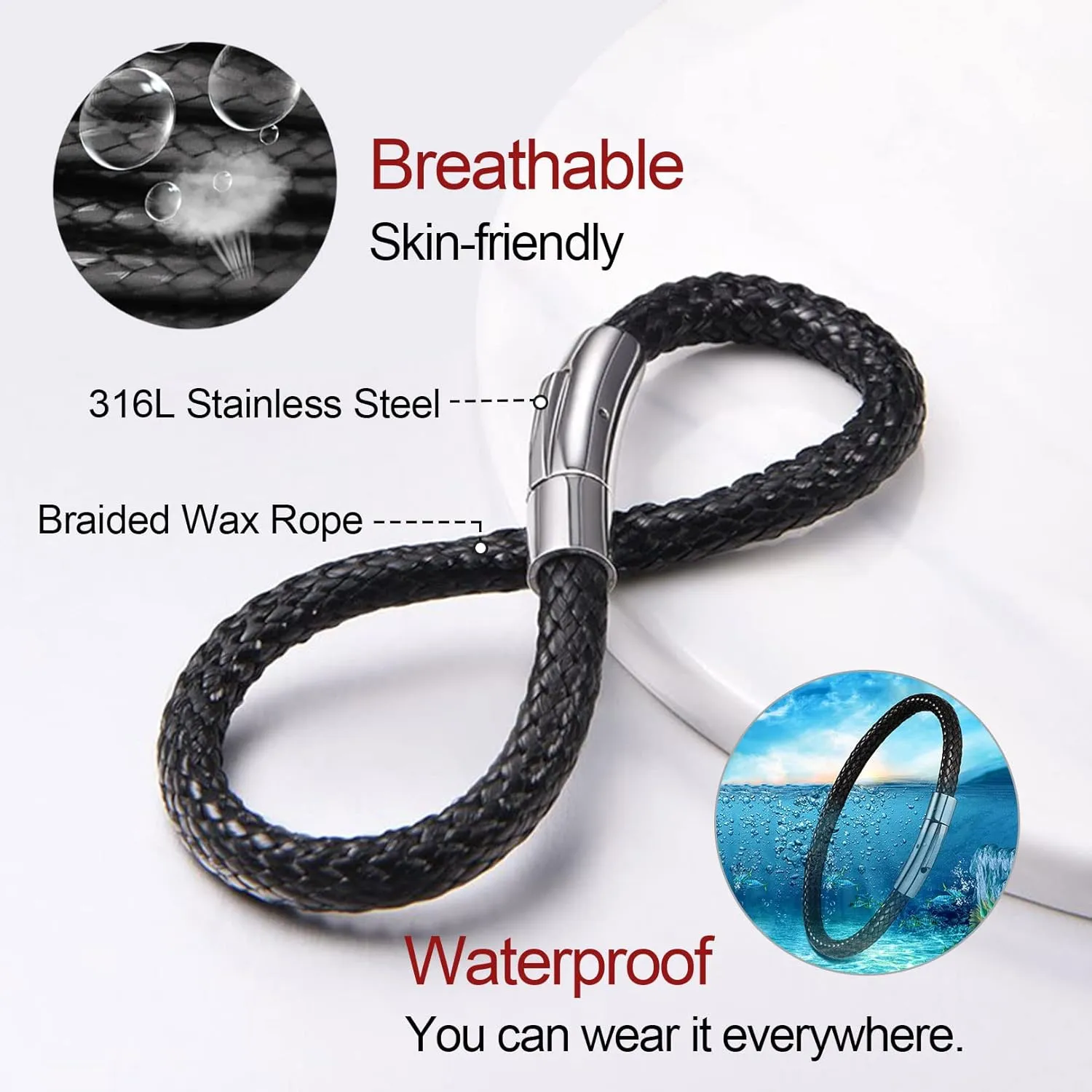 FOCALOOK Braided Leather Bracelets for Men, Black/Brown Stainless Steel Engraved Inspirational Bangle Cuff Bracelet with Clasp, Valentines Day Gifts for Him Husband Friends