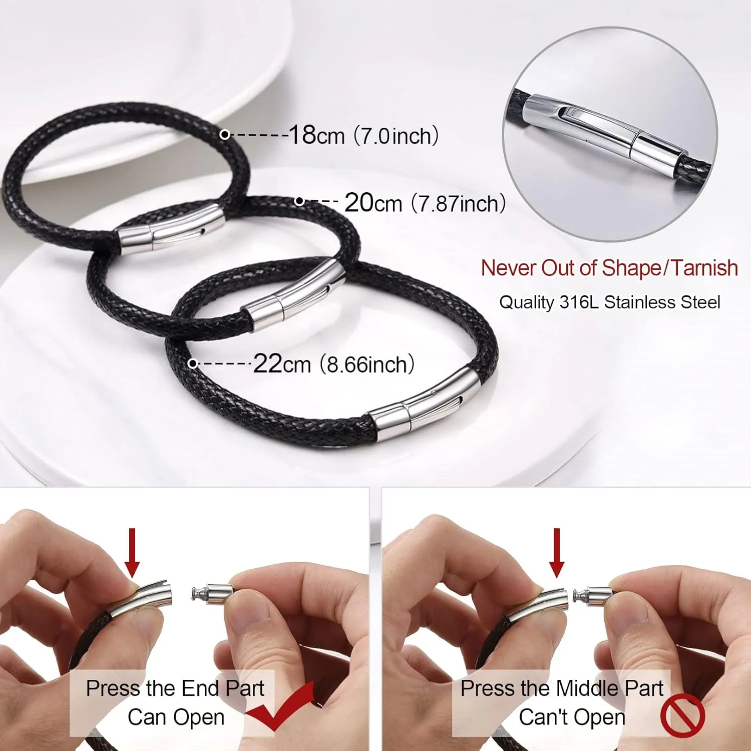 FOCALOOK Braided Leather Bracelets for Men, Black/Brown Stainless Steel Engraved Inspirational Bangle Cuff Bracelet with Clasp, Valentines Day Gifts for Him Husband Friends