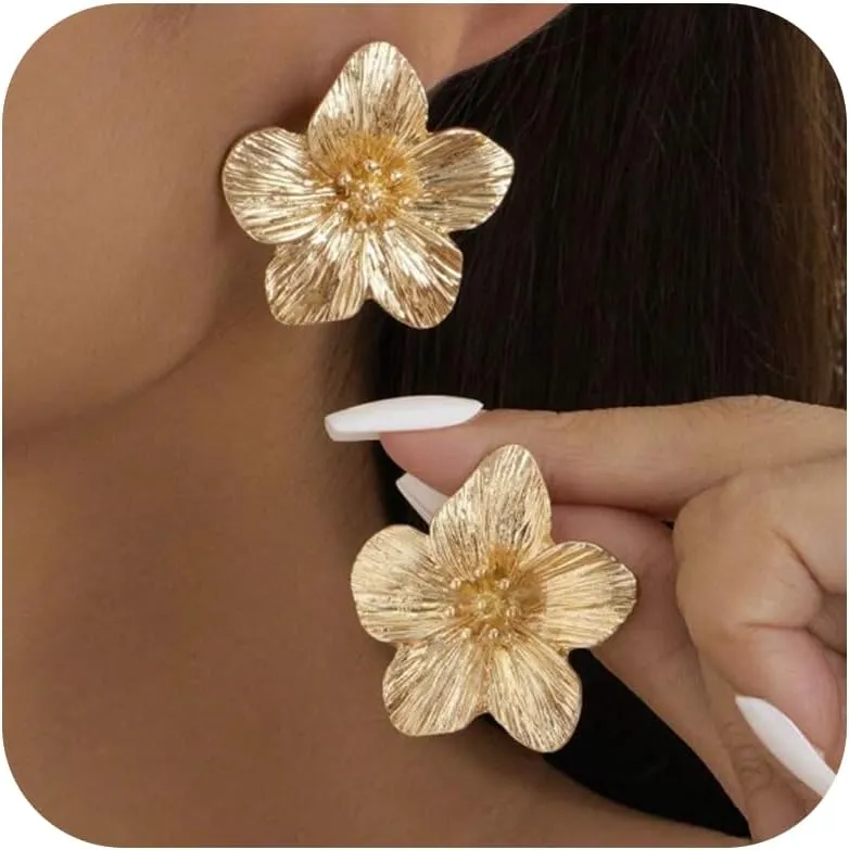 Gold Flower Earrings Statement Earrings for Women Large Floral Earring Jewelry Gift Spring Summer Accessories