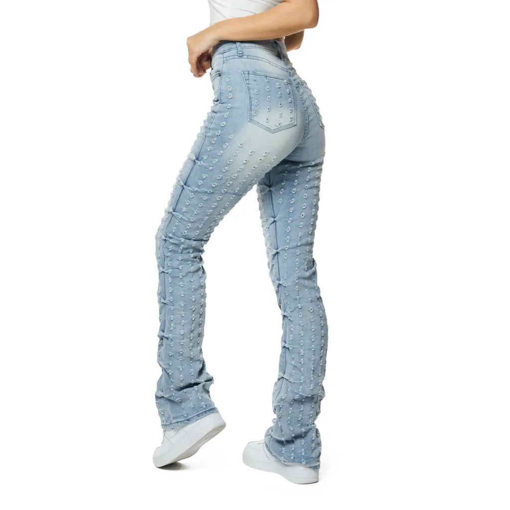 High Rise Punched Bootcut Denim Jeans - Sky Blue