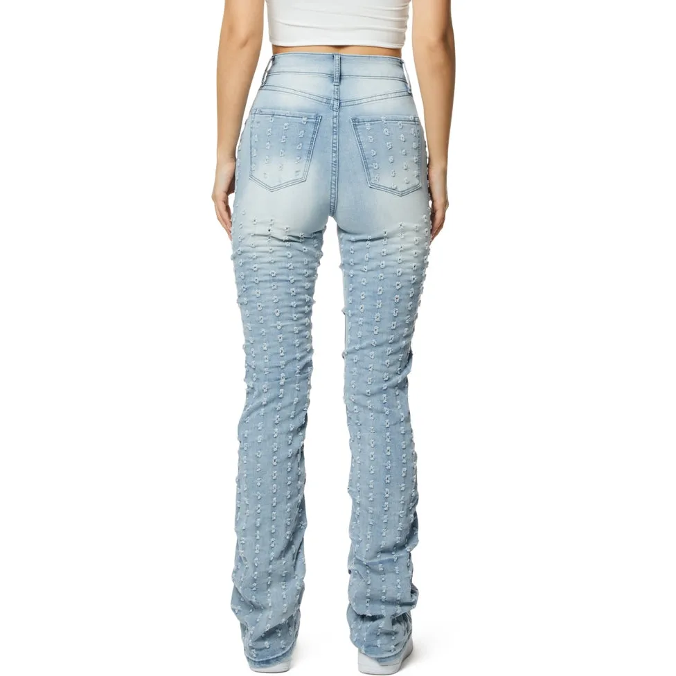 High Rise Punched Bootcut Denim Jeans - Sky Blue