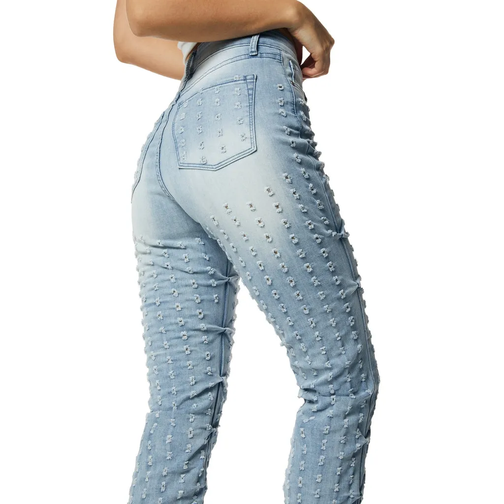 High Rise Punched Bootcut Denim Jeans - Sky Blue