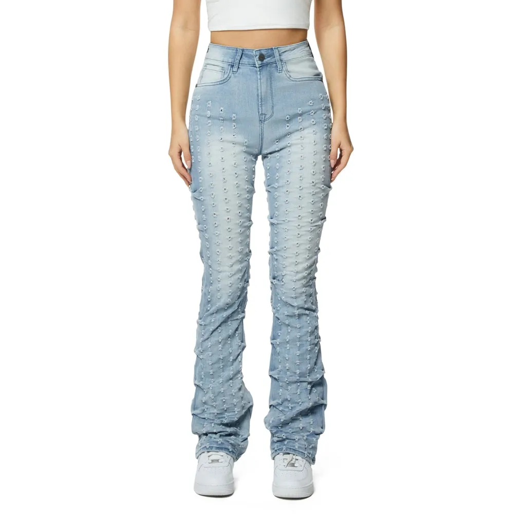High Rise Punched Bootcut Denim Jeans - Sky Blue