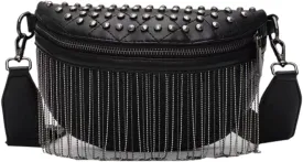 IAMUHI Women Vegan Leather Cross Chest Bag Rivets Fringed Shoulder Handbag Purse Waist Bag,Black