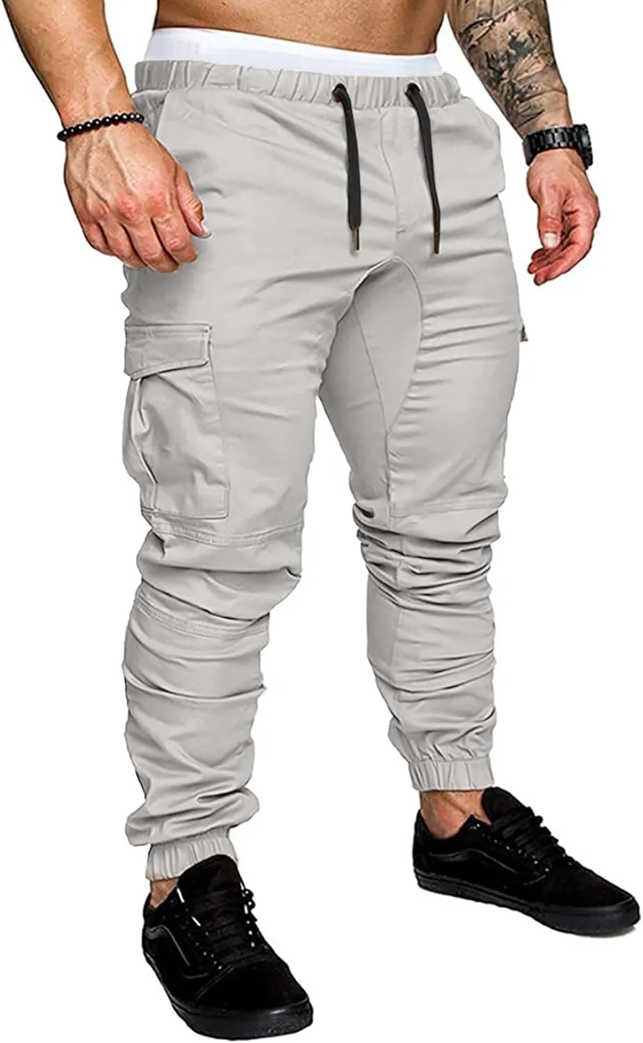 JMIERR Mens Fashion Cargo Pants - Casual Cotton Tapered Stretch Twill Drawstring Athletic Joggers Sweatpants with 6 Pockets