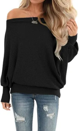 Lacozy Women's Off The Shoulder Tops Waffle Knit Oversized Sweatshirt Long Sleeve Tunic Shirts Pullover Sweaters