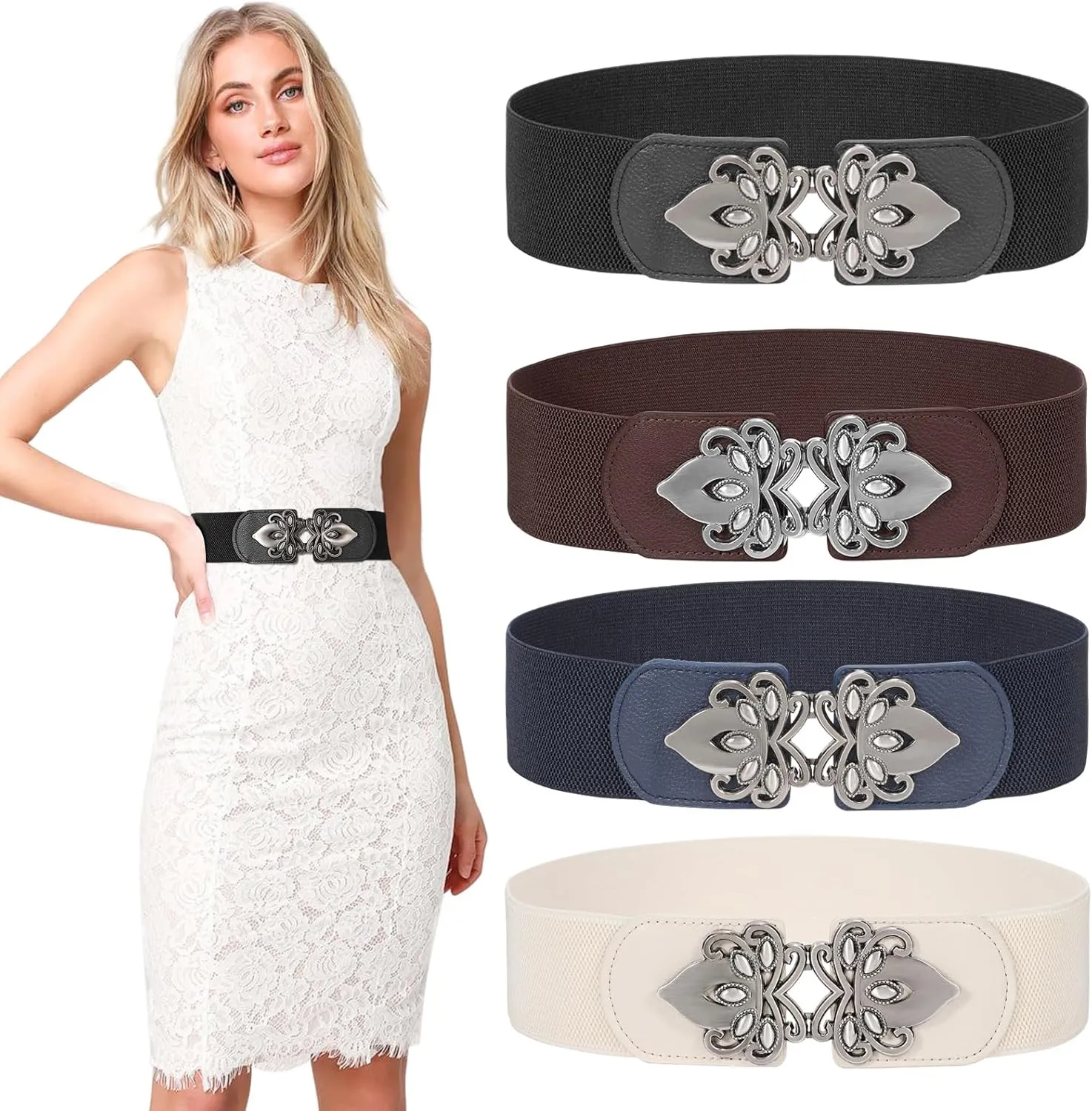 LEACOOLKEY 4 Pack Women Wide Elastic Waist Belt for Dress Vintage Stretch Cinch Belt Retro Buckle 2.36" Width