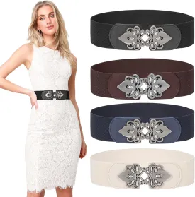 LEACOOLKEY 4 Pack Women Wide Elastic Waist Belt for Dress Vintage Stretch Cinch Belt Retro Buckle 2.36" Width