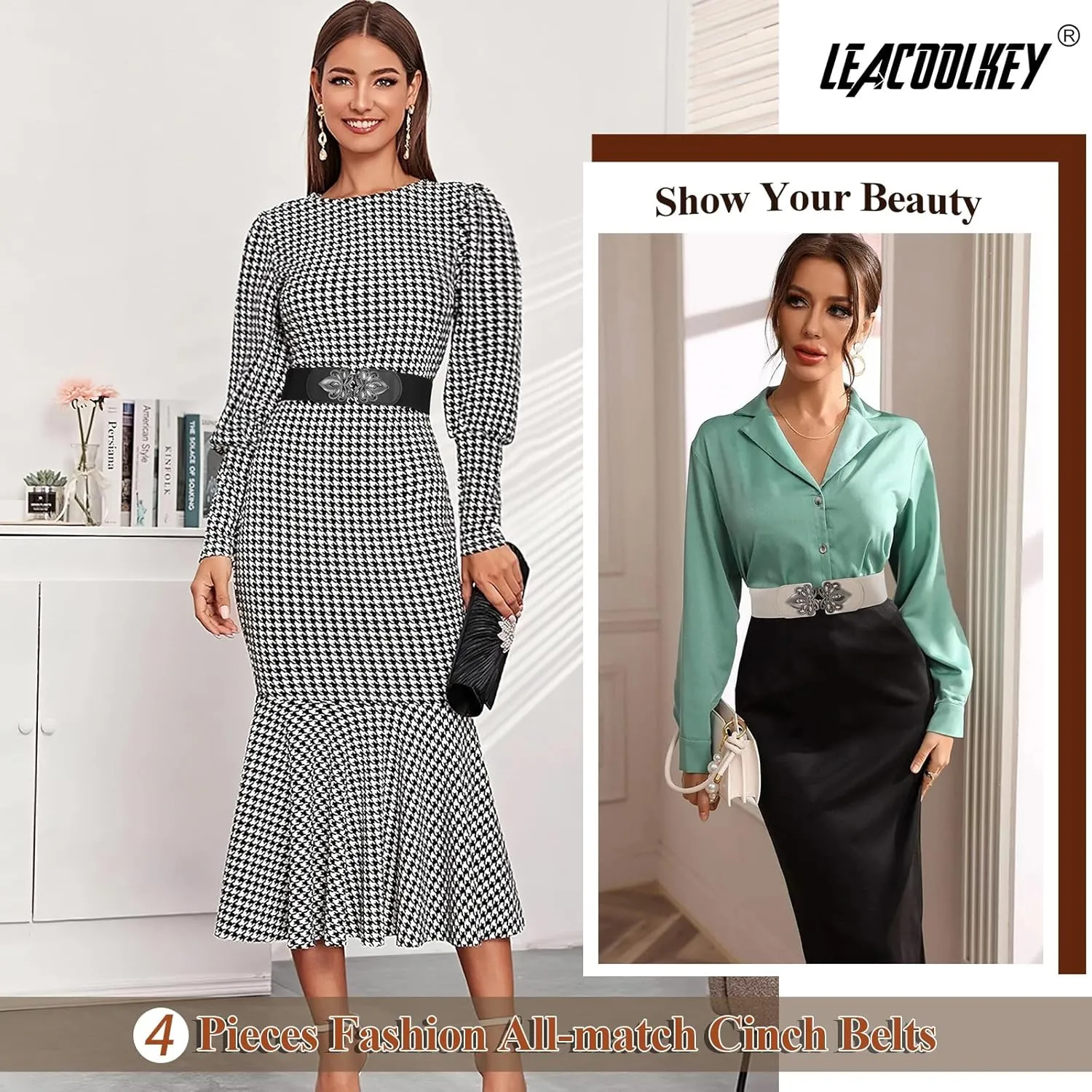 LEACOOLKEY 4 Pack Women Wide Elastic Waist Belt for Dress Vintage Stretch Cinch Belt Retro Buckle 2.36" Width