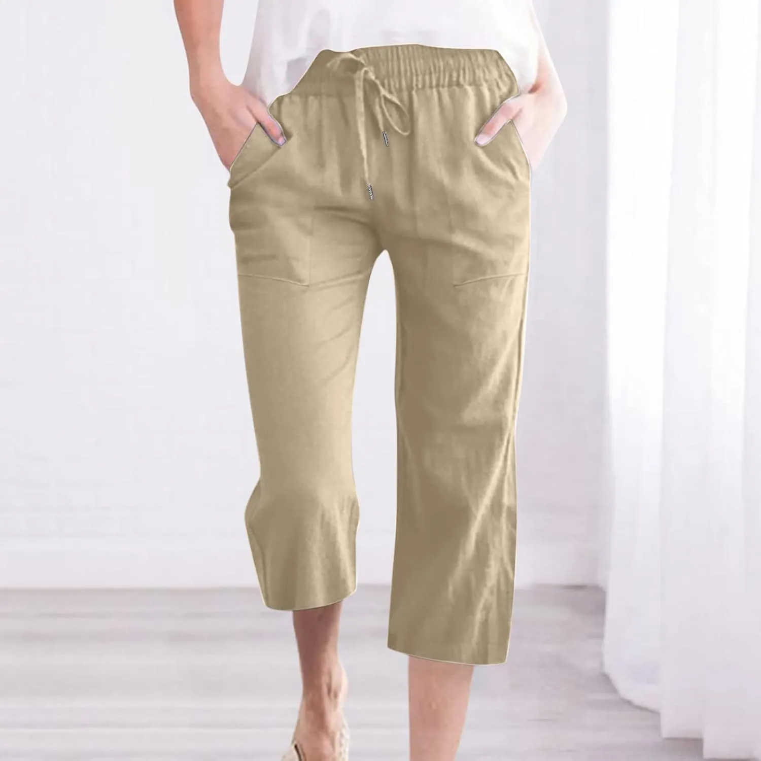 Linen Summer Pants for Women 2024 Wide Leg Capris Palazzo Capri Pants Dressy Causal Gauze Pants with Pockets