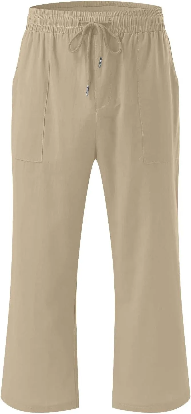 Linen Summer Pants for Women 2024 Wide Leg Capris Palazzo Capri Pants Dressy Causal Gauze Pants with Pockets