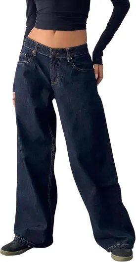 Low Rise Baggy Jeans for Women y2k Straight Wide Leg Boyfriend Trendy Cute Jeans White Long Denim Pants