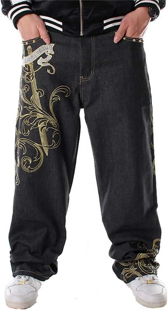 LUOBANIU Men's Black Baggy Jeans Hip Hop Loose fit 90s Vintage Cargo Denim Fashion Dance Skater Skateboard Pants