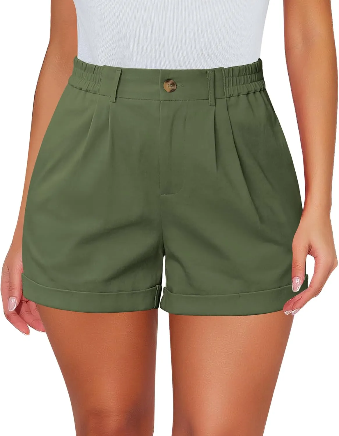 luvamia Shorts for Women High Waisted Dressy Casual Cotton Stretch Twill Elastic Wasit Pleated Summer Shorts with Pocket