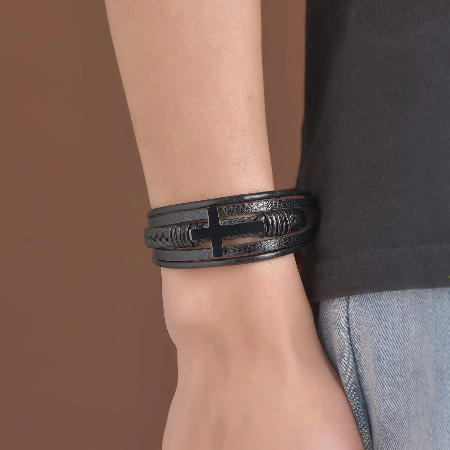 Mens Black Leather Bracelet Multi-Layer Braided Leather Cross Bracelet Religious Confirmation Gifts
