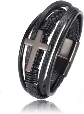 Mens Black Leather Bracelet Multi-Layer Braided Leather Cross Bracelet Religious Confirmation Gifts