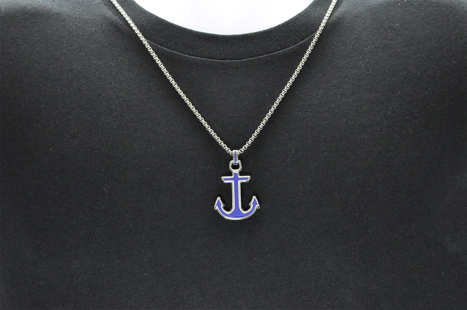 Mens Blue Stainless Steel Anchor Pendant
