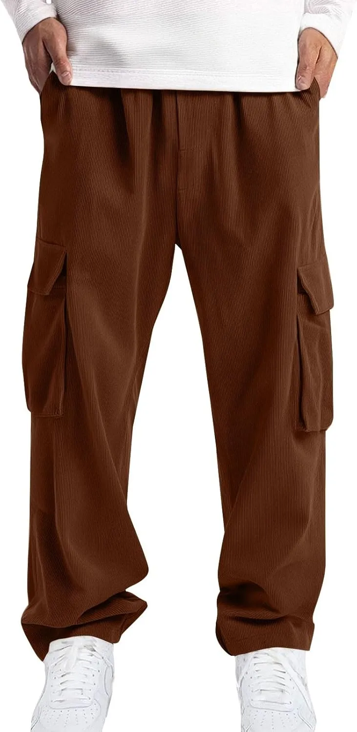 Mens Cargo Pants Plus Size Drawstring Elastic Waist Fall Work Pants Casual Plain Sport Trousers with Multi Pockets