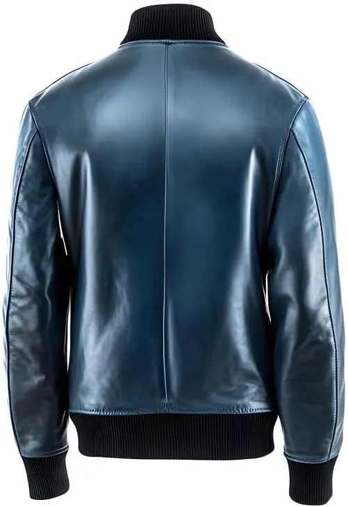 Men's Steel Blue Genuine Sheep Leather Bomber Jacket  Varsity Style Black Ribbed Trim Coat